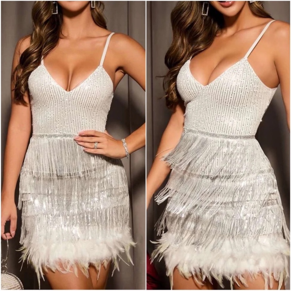 Luxe Sequin Cami Vegan Fur Fringe Bodycon Party Sexy Dress XS S M L XL XXL